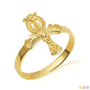10k Solid Yellow Gold Egyptian Scarab Beetle Ankh Cross Ring Size 4-12
